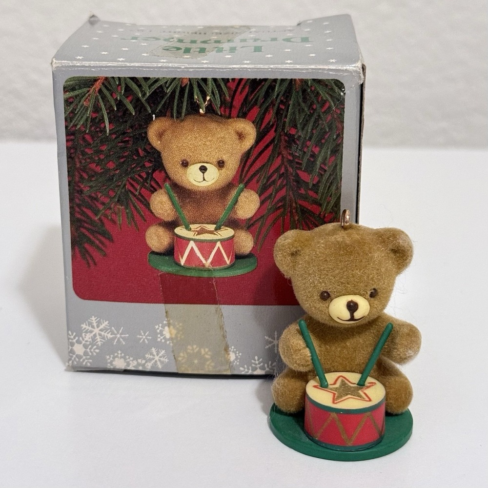 Vintage Enesco Little Drummer Flocked Bear Christmas Ornament 1984